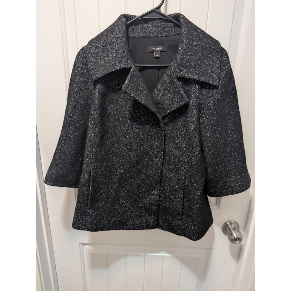 Ann Taylor Black & Gray Wool Blend Tweed Double-Breasted Pocketed Pea Coat Sz. 6
